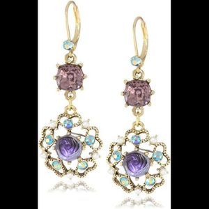 Betsey Johnson Carved Flower Medallion & Crystal Gem Drop Earrings